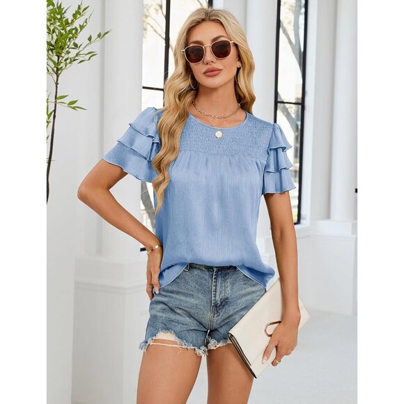 Chic Women's Satin Summer Blouse with Ruffle Sleeves – Perfect for Any Occasion - Picture 2 of 5